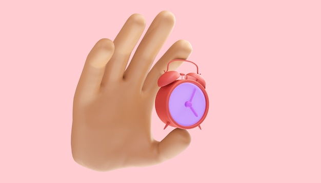 Mano de dibujos animados sosteniendo un reloj de alarma sobre un fondo aislado. Ilustración 3d