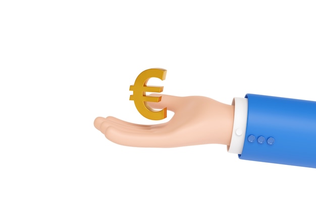 Mano de dibujos animados sosteniendo un símbolo del euro aislado en fondo blanco.