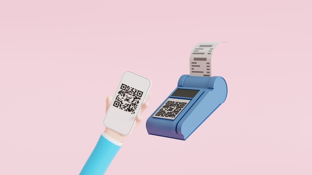 Mano de dibujos animados sosteniendo teléfono inteligente móvil con escaneo de código QR. Escaneo de código QR y pago en línea, transferencia de dinero. Electrónica, tecnología digital, ilustración 3D de código de barras