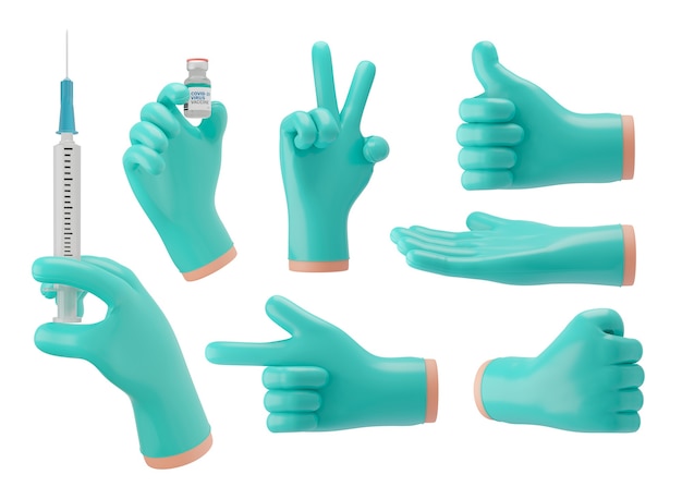 La mano del doctor 3D con guantes de goma azul verdoso muestra varios gestos para presentaciones, anuncios. Representación de la ilustración 3D.