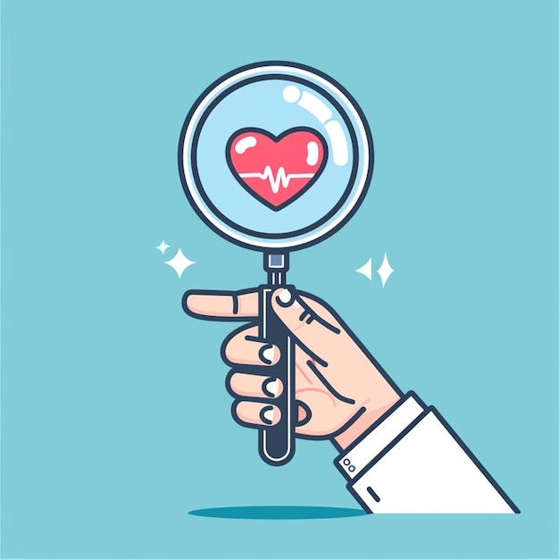 La mano del doctor con lupa con el icono del corazón
