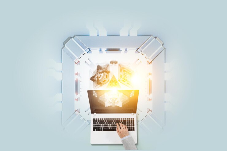 Foto mano de empresaria en la computadora portátil sobre fondo tecnológico con piezas mecánicas. técnica mixta