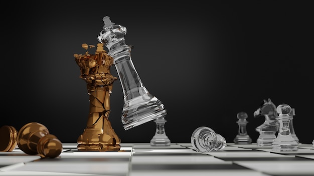 Foto mano del empresario moviendo la figura de ajedrez en el juego de éxito de competencia. batalla de ajedrez de oro y vidrio, victoria de ajedrez, ilustración 3d