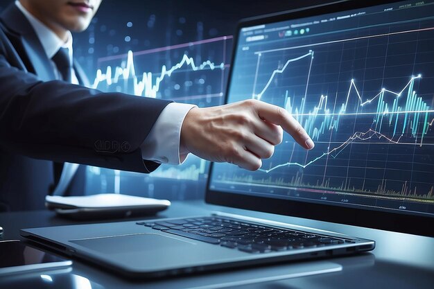 Foto la mano del empresario señala con el dedo el crecimiento, el éxito, las finanzas, el gráfico de negocios, la tecnología del metaverso, el grafo financiero, el diagrama de inversión en el análisis, el fondo del mercado de valores con el intercambio de la economía digital.