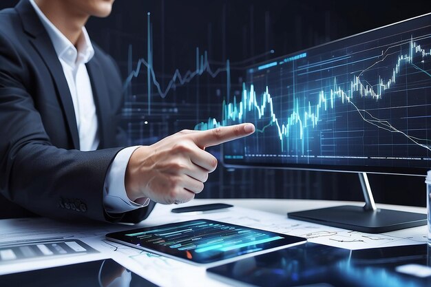 Foto la mano del empresario señala con el dedo el crecimiento, el éxito, las finanzas, el gráfico de negocios, la tecnología del metaverso, el grafo financiero, el diagrama de inversión en el análisis, el fondo del mercado de valores con el intercambio de la economía digital.