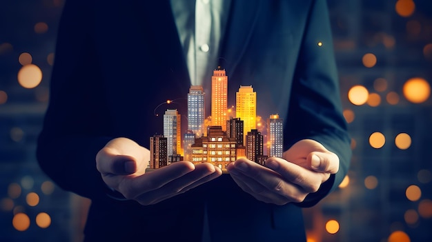 La mano del empresario sosteniendo la ciudad moderna con luz brillante