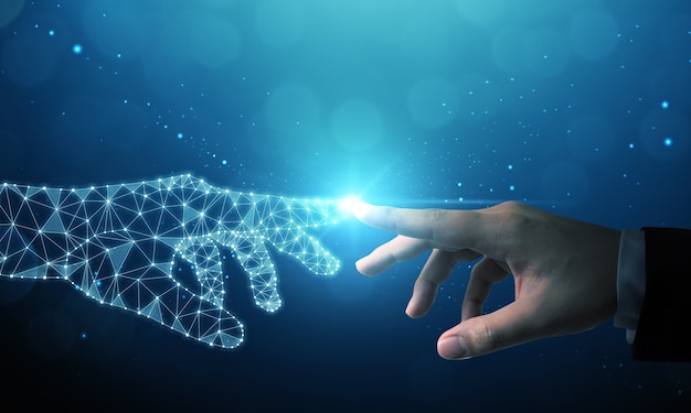 Foto mano del empresario tocando la mano de inteligencia artificial que significa conexión tecnológica ir al futuro