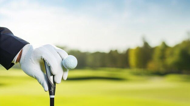 Mano enguantada agarrando un palo de golf al aire libre en primer plano