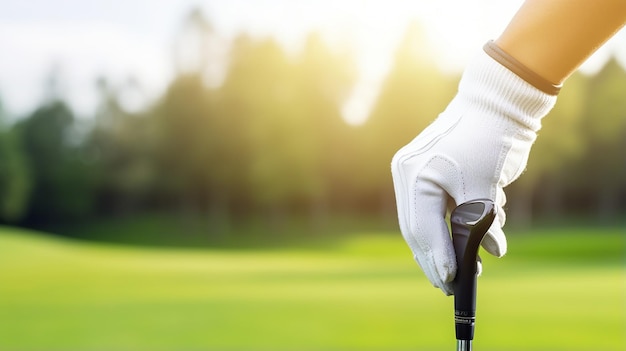 Mano enguantada y primer plano del palo de golf