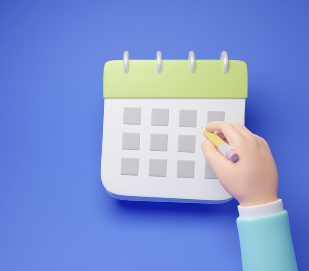 mano escribiendo calendario fondo azul 3d render