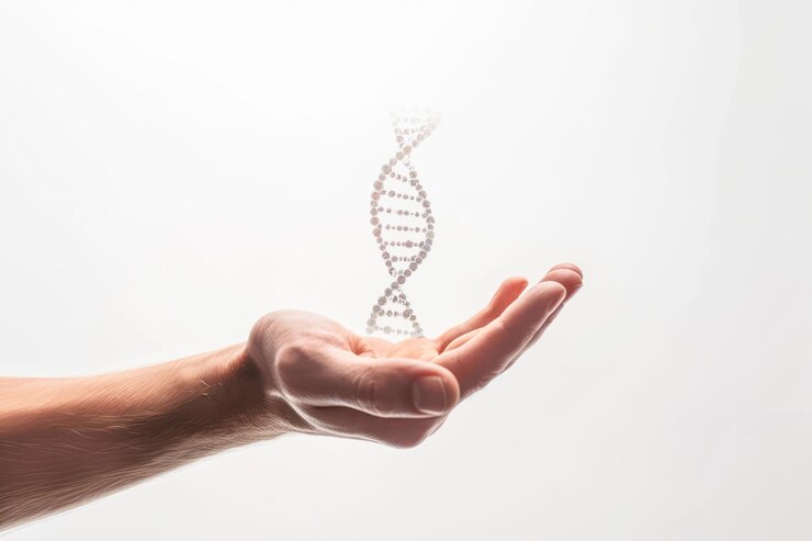 Foto mano con una espiral de adn que representa la investigación genética y la biotecnología