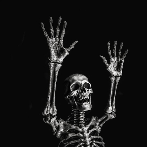 La mano del esqueleto zombi se levanta en la oscura noche de Halloween.