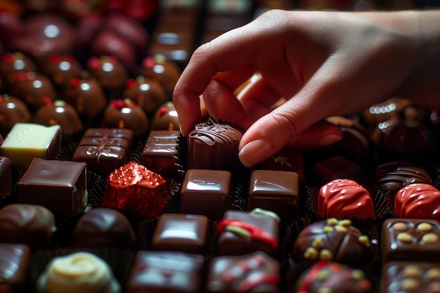 Una mano está alcanzando un chocolate en una caja de chocolates variados