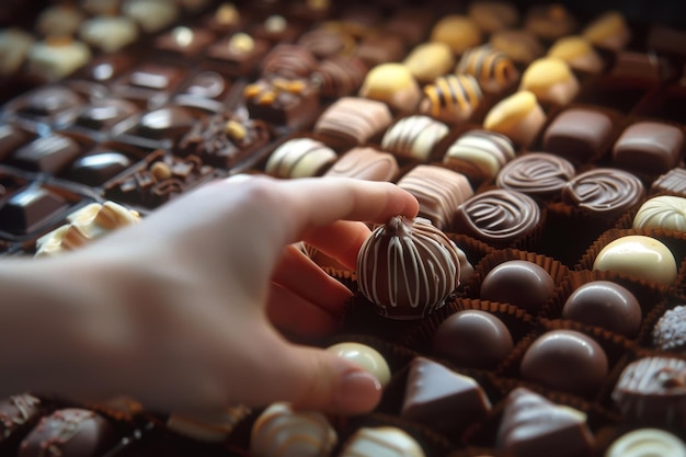 Una mano está alcanzando una trufa de chocolate en una caja de chocolates variados