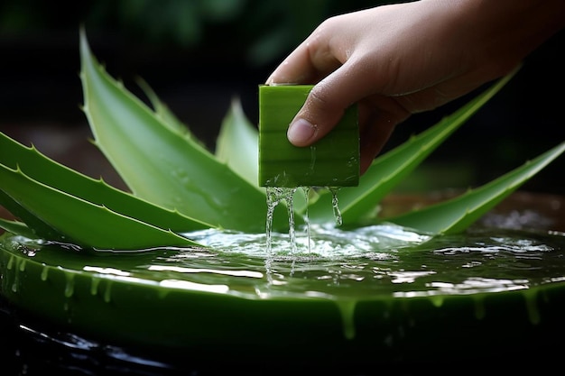 una mano está lavando una hoja de plátano verde con agua vertida en ella.