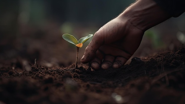 Una mano está plantando una plántula en el suelo.