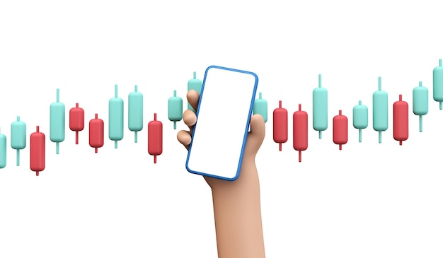Mano de estilo de dibujos animados sosteniendo un teléfono inteligente en blanco con representación de gráfico de forex de inversión comercial d