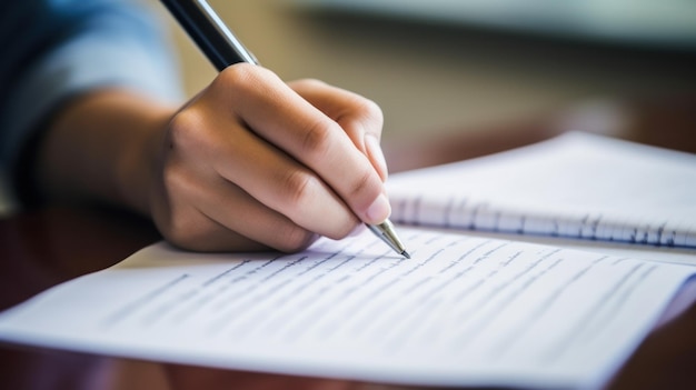 la mano del estudiante escribiendo notas en un pedazo de papel con un bolígrafo