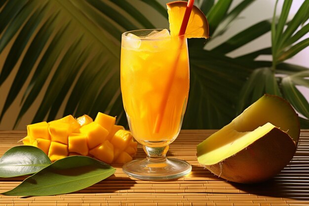 Una mano exprimiendo un mango maduro con jugo que fluye sobre un vaso con una rebanada de mango
