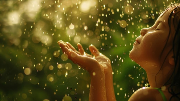 Una mano extendida de un niño atrapando gotas de lluvia su rostro se iluminó de alegría y asombro mientras experimentaban la magia de la lluvia