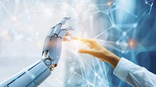 una mano extendiendo la mano para tocar a un robot con una mano azul que dice tecnología