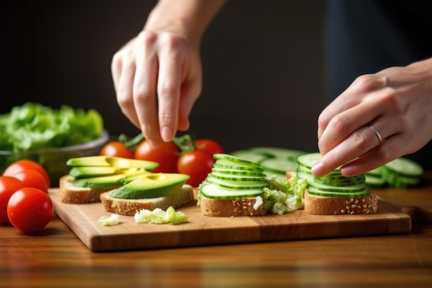 La mano extendiendo rebanadas de aguacate en una tostada crujiente