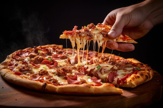 La mano extendiéndose para agarrar una rebanada de pizza de barbacoa de una caja de pizza