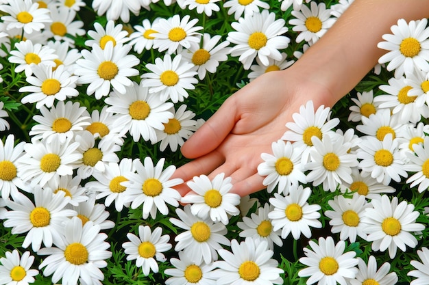 Foto la mano extendiéndose para tocar las delicadas margaritas en un campo soleado en un hermoso día