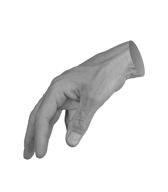 La mano se extiende hacia algo hacia abajo alcanzando smth invisible señal de toque aislado en blanco