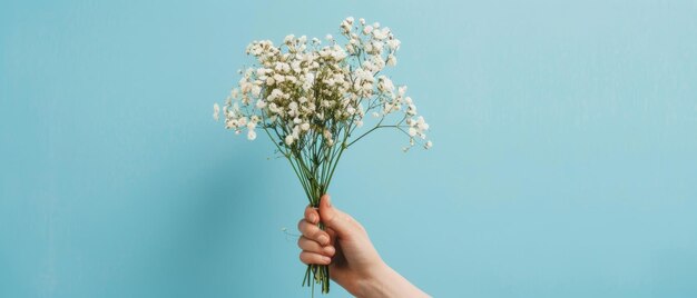 Foto una mano se extiende con un ramo de delicadas flores de aliento de bebés en hermoso contraste contra un suave telón de fondo azul