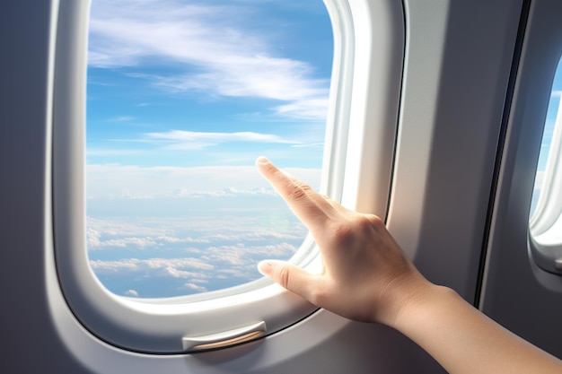 Mano femenina abriendo la ventana del avión y vista en las nubes