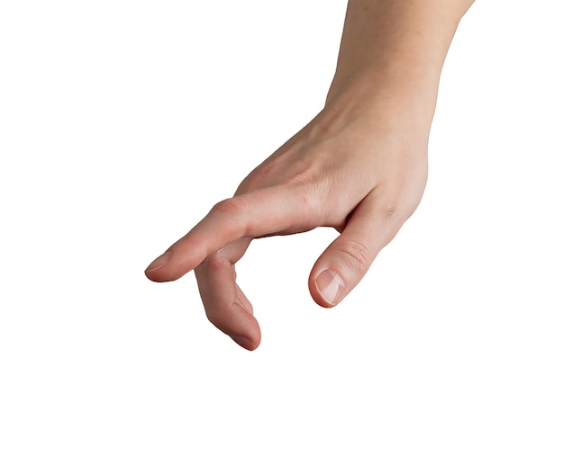 Mano femenina con el dedo índice apuntando presionando y tocando pantalla invisible concepto de gesto para