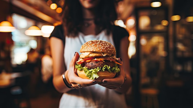 Mano femenina con deliciosa hamburguesa en la hamburguesería