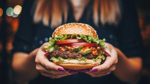 Foto mano femenina con deliciosa hamburguesa en la hamburguesería