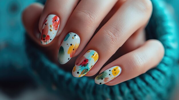 Foto mano femenina con diseño moderno de manicura de colores brillantes y bien cuidada