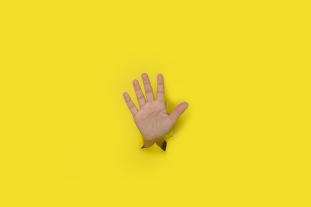 Foto mano femenina haciendo una señal de parada saliendo de un agujero de papel amarillo rasgado concepto de parada