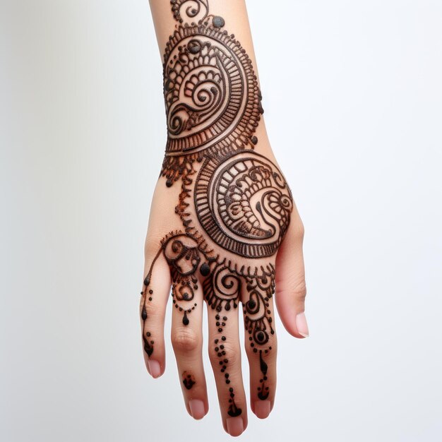 Mano femenina con hermoso tatuaje de henna en fondo blanco primer plano imagen generada por IA