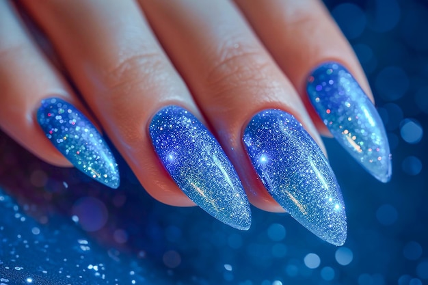 Foto mano femenina con manicura con brillo en primer plano de fondo azul