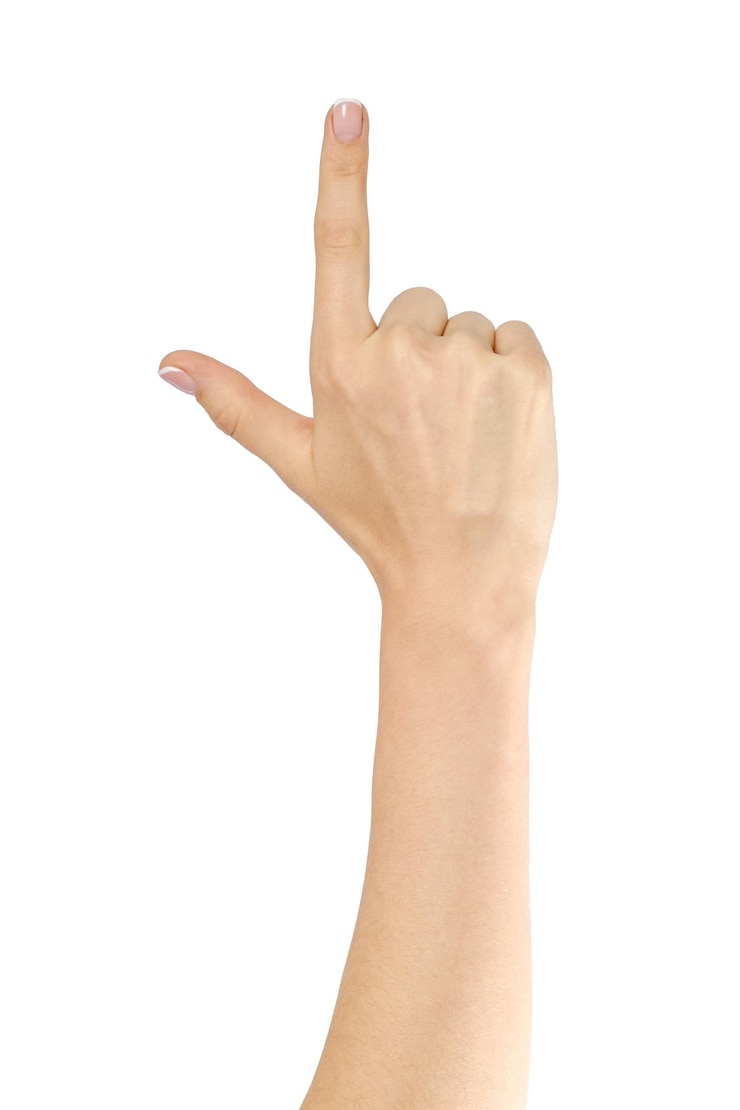 Foto mano femenina mano apuntando hacia arriba