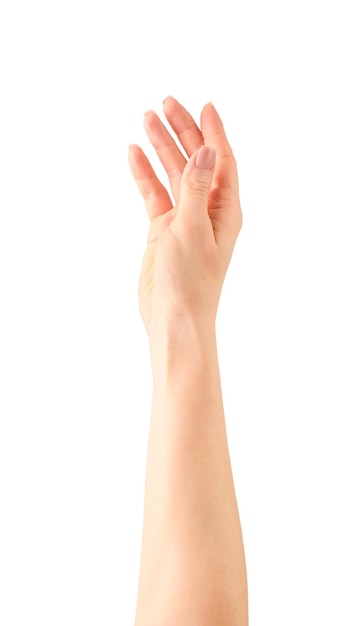 Mano femenina Primer plano de una hermosa mano femenina señalando o tocando con el dedo algo aislado en un fondo blanco con un camino de recorte Cuidado de la belleza