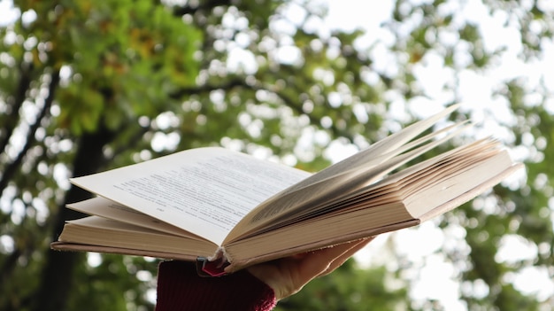 Mano femenina que sostiene el libro abierto con la luz del sol como concepto de libertad de conocimiento sobre fondo verde bokeh en el parque al aire libre. Libro abierto sobre fondo claro abstracto de la naturaleza.