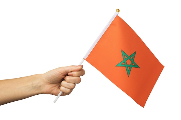 Mano femenina sosteniendo la bandera de Marruecos aislada en la plantilla de fondo blanco para diseñadores