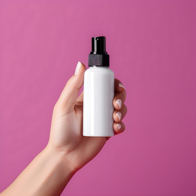 mano femenina sosteniendo una botella de spray cosmético blanco sobre un fondo rosa ai generativo