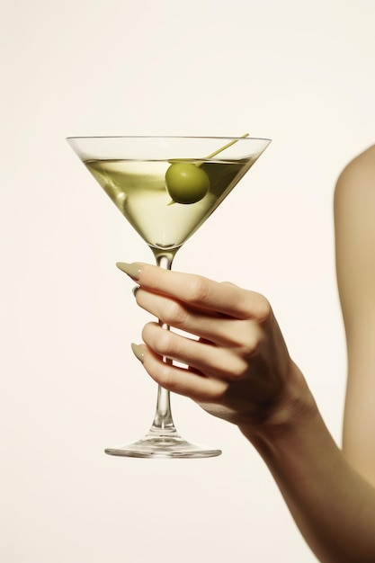 Mano femenina sosteniendo una copa de martini con aceitunas verdes sobre un fondo blanco