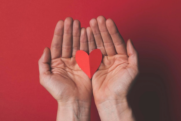 Mano femenina sosteniendo un corazón cortado de papel rojo sobre un fondo rojo liso