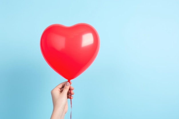 Mano femenina sosteniendo un globo en forma de corazón rojo sobre un fondo azul claro con espacio de copia. Día de San Valentín o concepto de celebración de cumpleaños feliz.