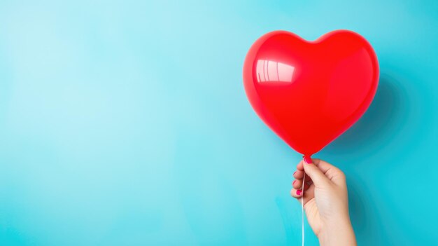 Mano femenina sosteniendo un globo en forma de corazón rojo sobre un fondo azul claro con espacio de copia. Día de San Valentín o concepto de celebración de cumpleaños feliz.