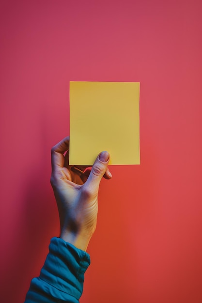 Mano femenina sosteniendo una hoja de papel amarilla en blanco sobre un fondo rojo