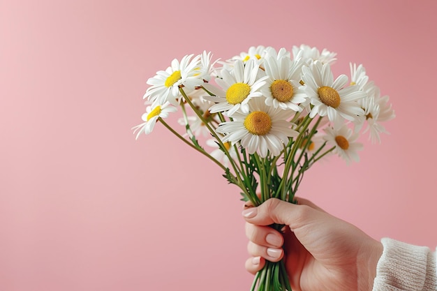 mano femenina sosteniendo un ramo de flores de margaritas blancas en un fondo rosa