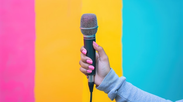 Mano femenina sosteniendo un solo micrófono retro contra un fondo colorido